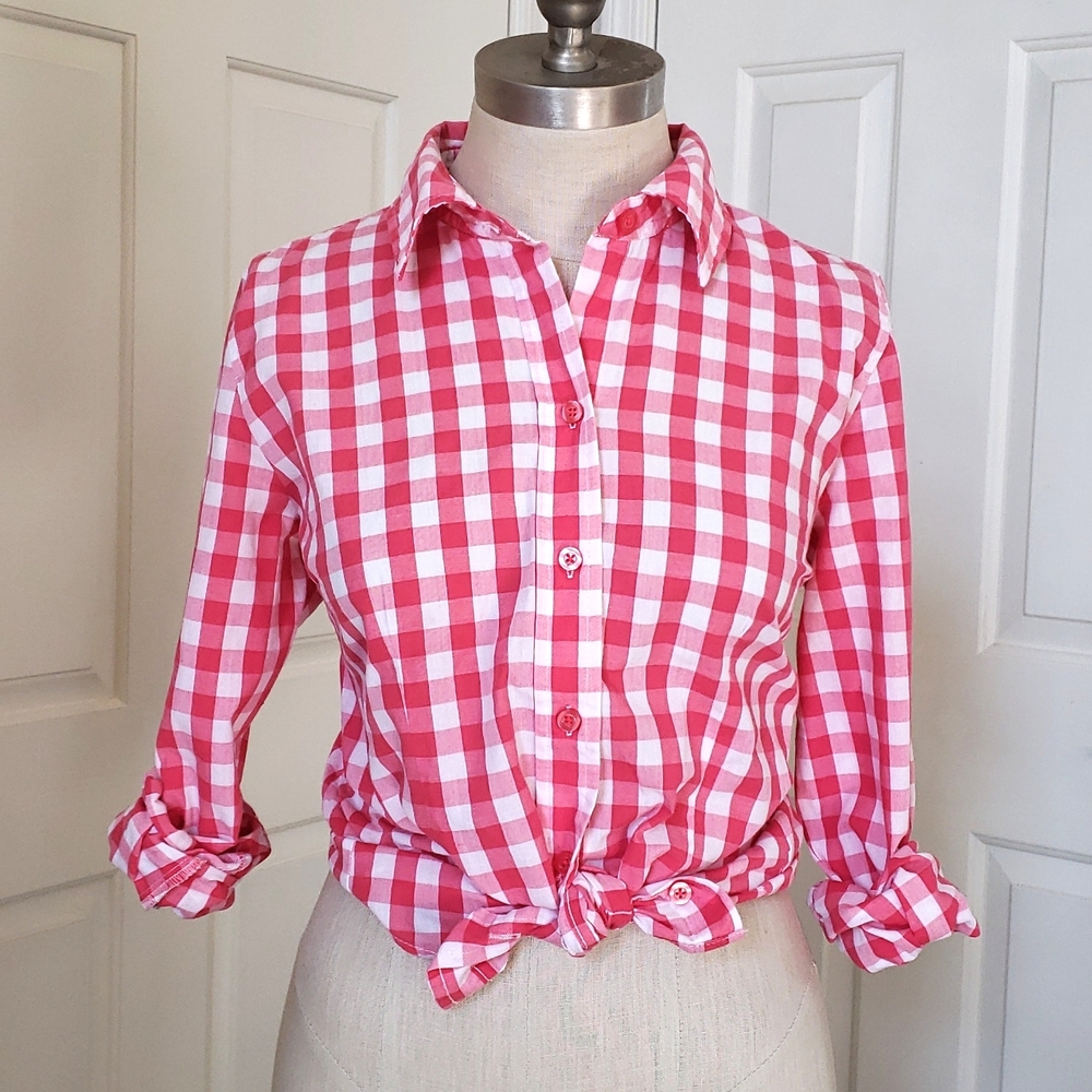 Vintage Red Pink Gingham Plaid Button Down Shirt S Cotton Long Sleeve Top - Picture 3 of 13